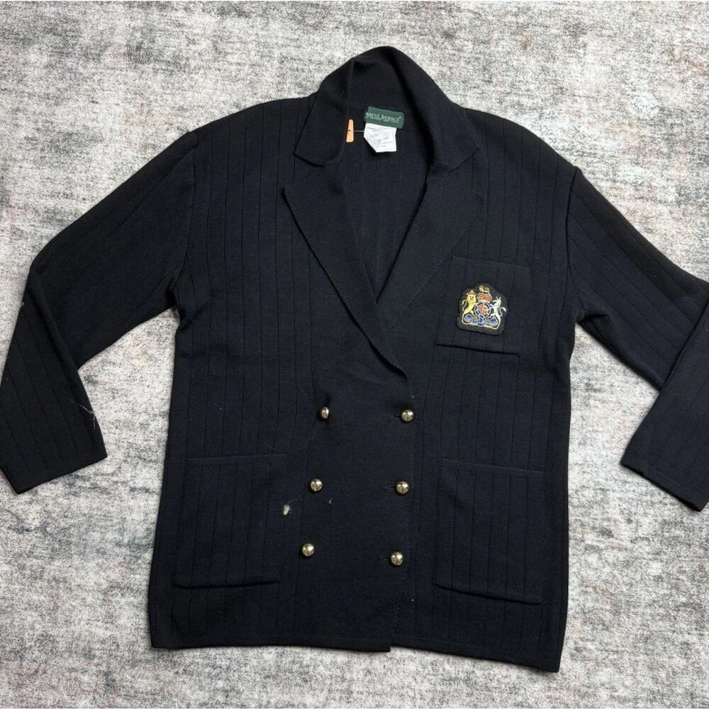 Harve Benard Blazer Wool Sz S Tall Black Cardigan Jacket Gold Buttons Crest Logo